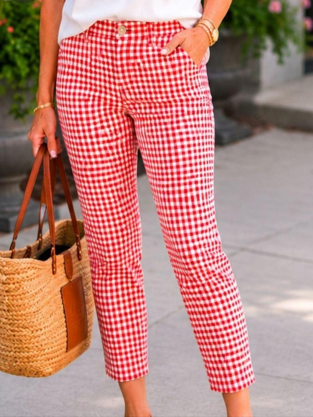 Red and white gingham check cropped pants Size 12p NWOT